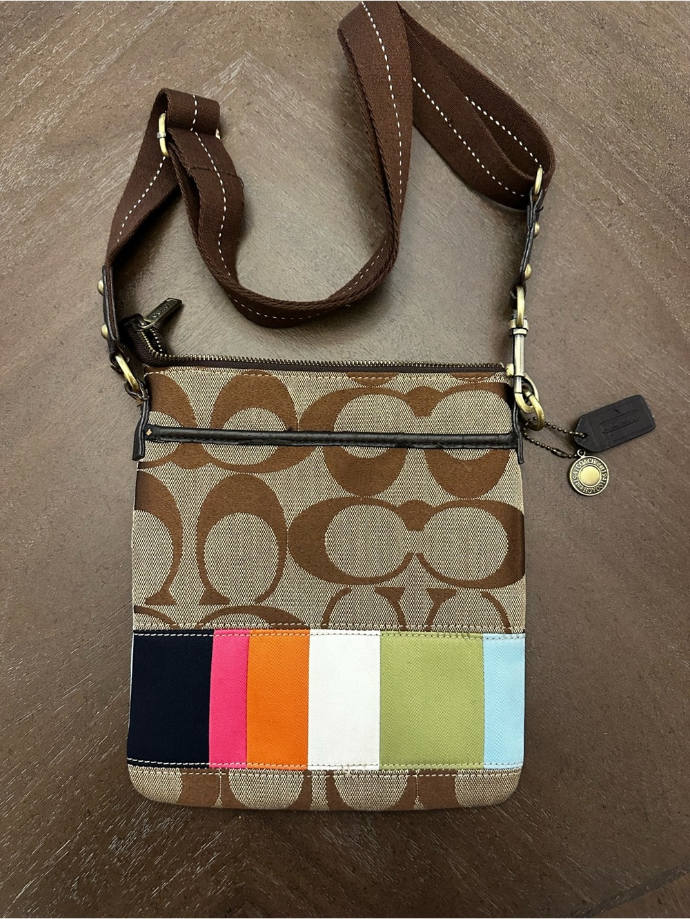 Coach Signature Canvas Crossbody Bag in Brown with Multicolor Stripe
